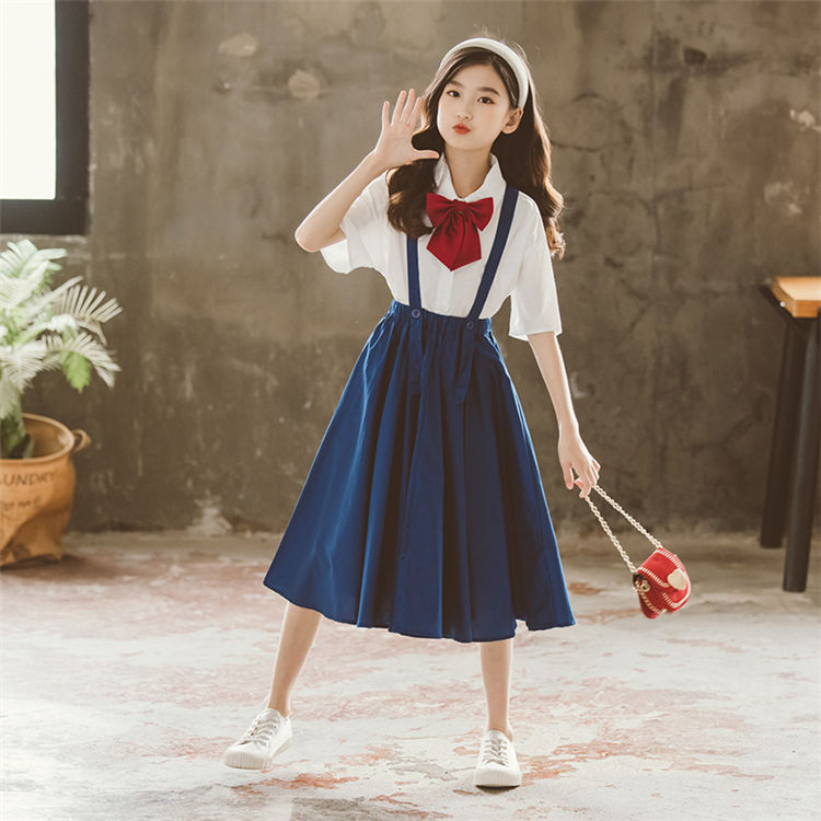 結 カジュアル Aライン キッズ おしゃれ 子供服 発表会 きれいめ 女児 パーティー ドレス 半袖+サロペットスカート 二点セット