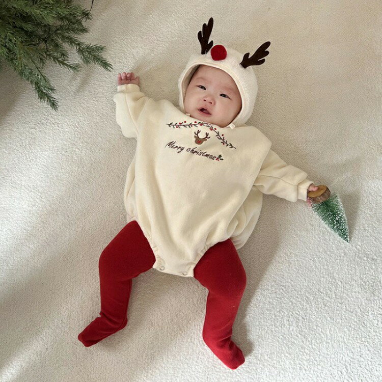 クリスマス 着ぐるみ トップス スウェット 長袖 トレーナーロンパース トナカイ 裏起毛 ロンパース ベビー 衣装 サンタ ベビー服