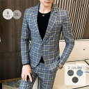 メンズ 2ピーススーツ メンズ スリム アウター 2点セット ジャケット カジュアルスーツ メンズ 2ピーススーツ メンズ チェック柄