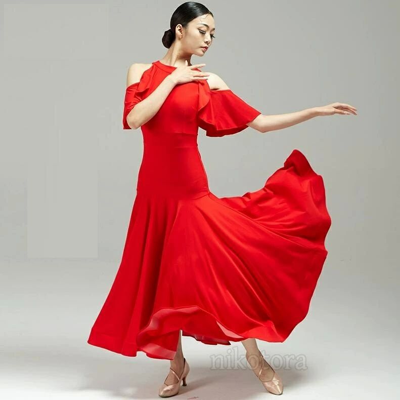 スタンダードドレス 大きい裾 ダンスウェア ドレス 社交ダンス衣装 マキシ丈 ロングワンピース 半袖 ワンピース ラテン ドレス