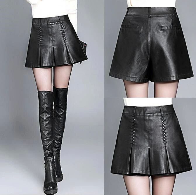 衣 ステージ フェイクレザー ショーパン 短パン Aライン シンプル 無地 ショートパンツ レディース PU革スカート レザースカート