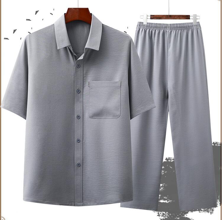 M 夏 灰色 薄手 大きいサイズ 無地 男性 カジュアル ババ 2点セット OL 通勤 セットアップ メンズ 半袖Tシャツ+長パンツ 紳士用