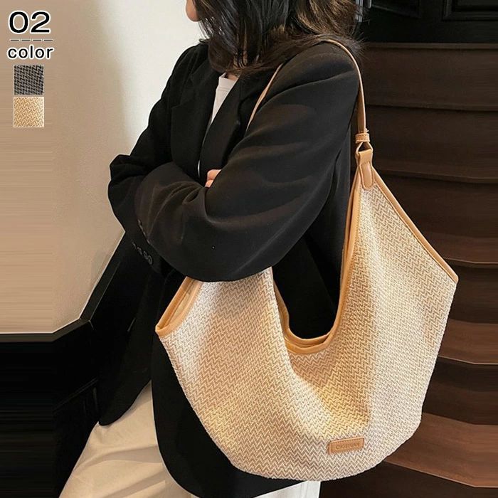 Tote Bag Type - 編み 大容量 軽量 草編みバッグ 大きめ ナチュラル ファスナー付き カゴバッグ ハンドバッグ おしゃれ トートバッグ レディース