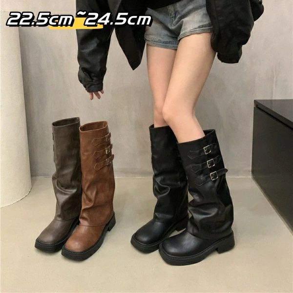 雨 秋冬 雨天兼用 3cmヒール 脚長 膝丈 美脚 ニーハイブーツ ベルト くしゅくしゅ レインブーツ 防水 黒 レディース