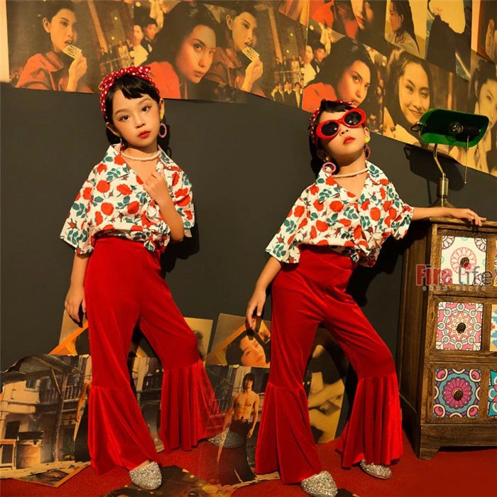 ステ 舞台 ジャズダンス レッド 花柄シャツ 可愛い レトロブーム ファッションモデル 女の子 キッズダ..