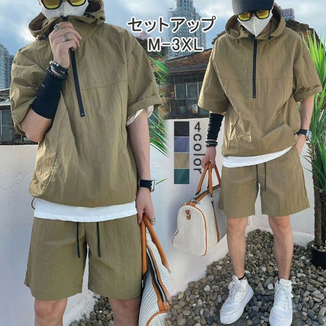 メンズ 半袖 ワークシャツ ショートパンツ 薄手 スポーツ スウェット トレーニング アウトドア カジュアル 韓国ファッション