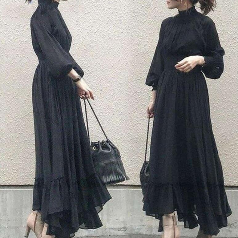 着痩せ 上品 オシャレ 結婚式ドレス フォーマル 卒業式 黒ワンピース 長袖 秋 マキシ丈ワンピース きれ..