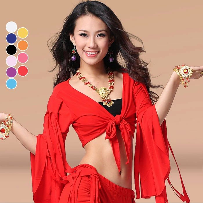 リンダ レディース レッスン着 ステージ衣装 エレガント レッド ブラック 社交ダンス 長袖 ヨガウェア衣装 ベリーダンストップス