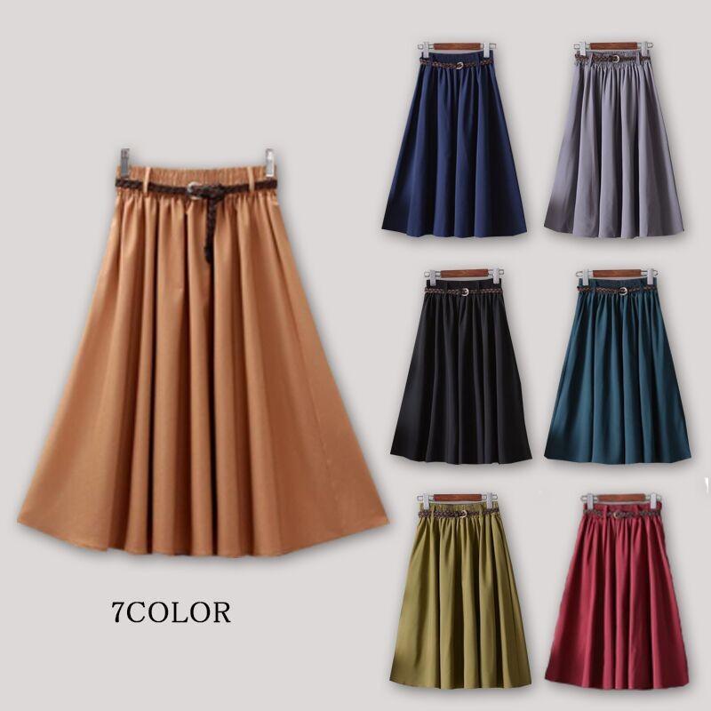 着やせ ナチュラル 夏 春 ミディアム丈 ミモレ丈 Aライン 膝丈 レディース フレアスカート ひざ丈