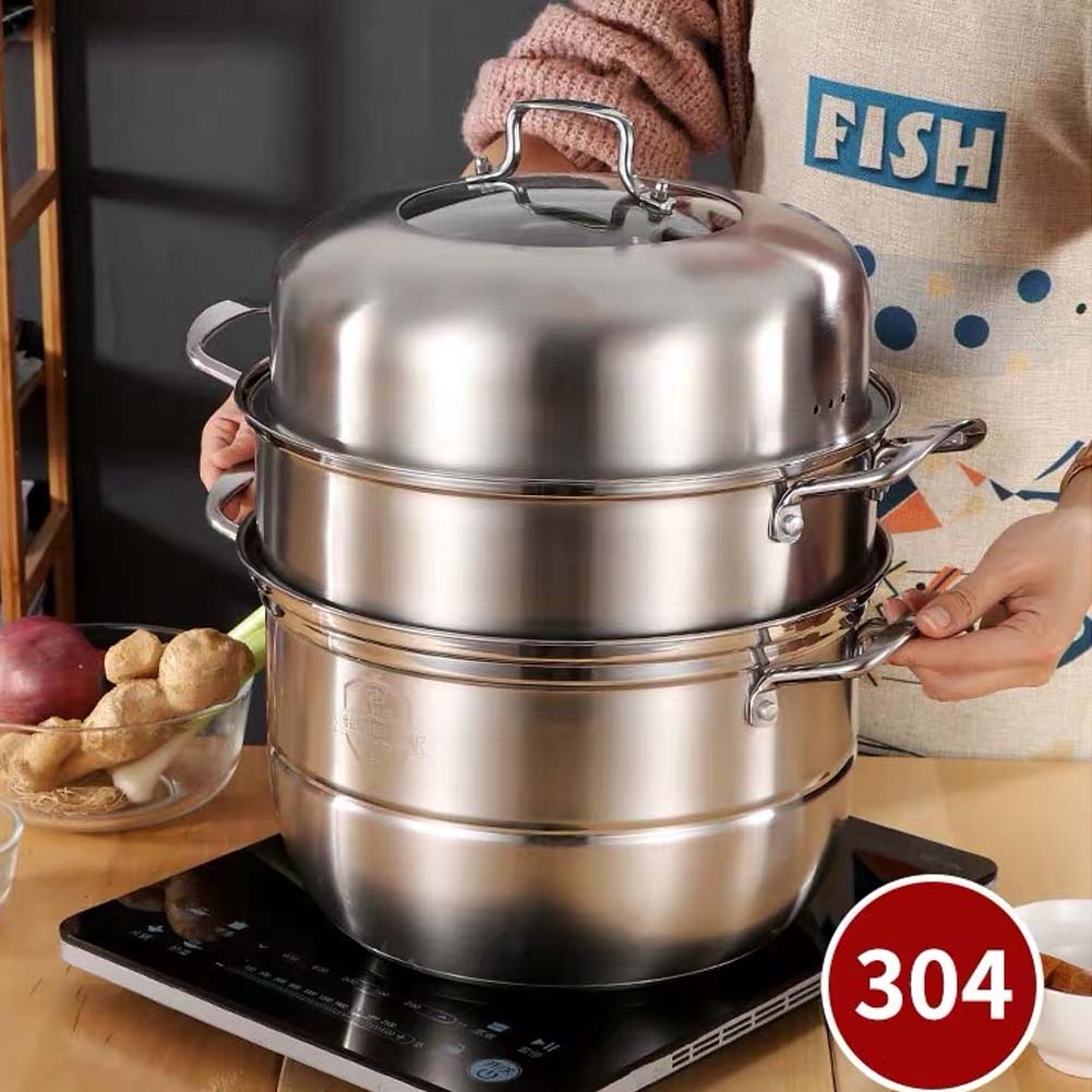 各種熱源対応 IH対応 ステンレス NEW ガラス鍋蓋付 深型 四段蒸し器 三段 二段 【3層底】満菜 蒸し鍋 蒸しもの鍋