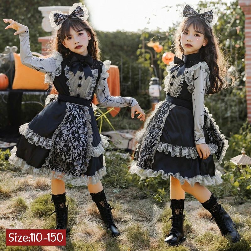 文化祭 150 140 130 120 110 メイド ロリータ 女の子 ウィッチ ゴシック ワンピース レース ロリ 子供 キッズ コスプレ 仮装