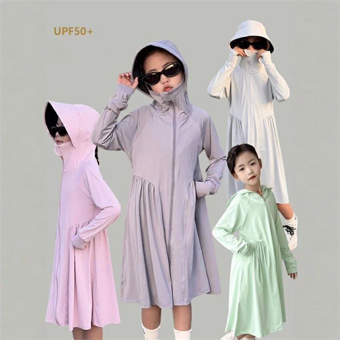 ワンピース ラッシュガード キッズ 薄手 フード付き ジップパーカー 長袖 アウター UVカット 女の子 ロ..