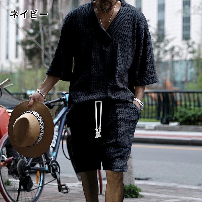 ハーフパ ショートパンツ アロハシャツ 5分丈 短パン パンツ 半袖 Tシャツ Vネック 夏服 スウェット ジャージ 上下セット メンズ