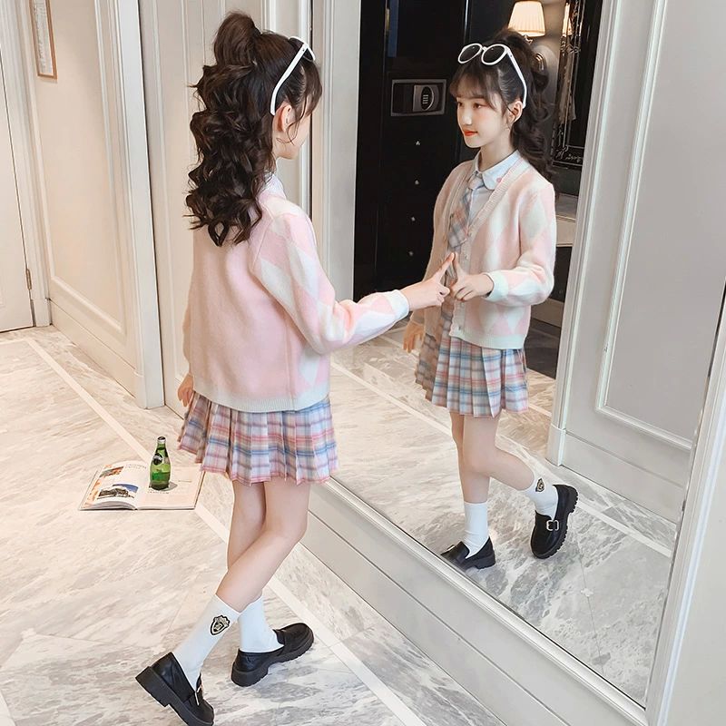 入 入園式 結婚式 発表会 スカート シャツ ニットカーディガン 3点セット セットアップ JK制服 子供服 キッズ スーツ フォーマル