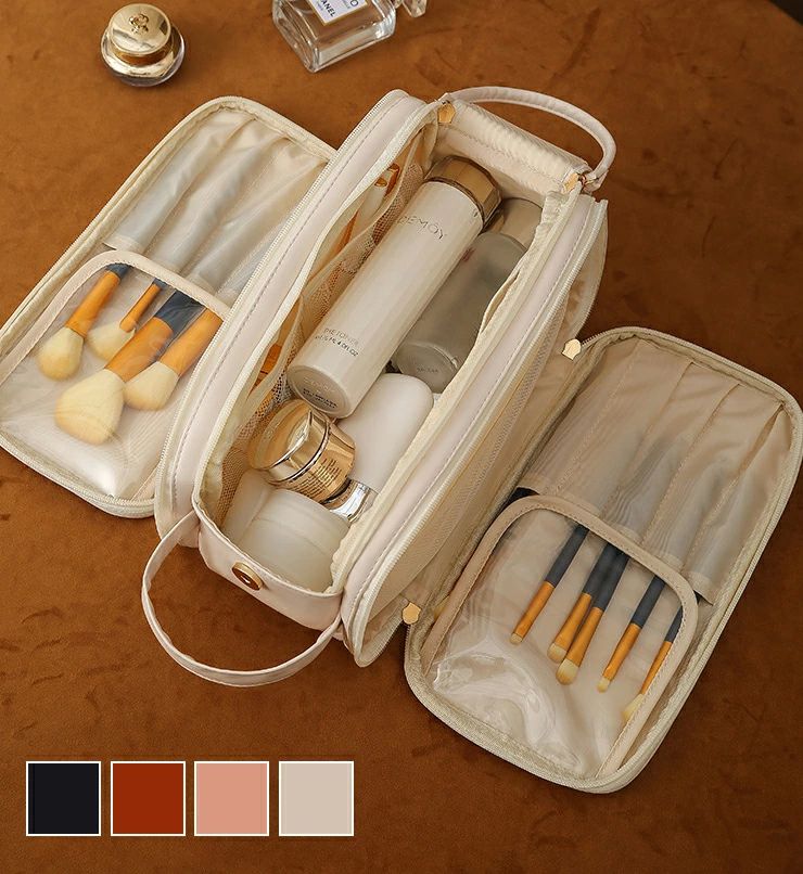 旅行用 持ち歩き 化粧ポーチ 8仕切り 機能的 大容量 収納 コンパクト かわいい コスメポーチ 旅行 防水 3層 U字型開口