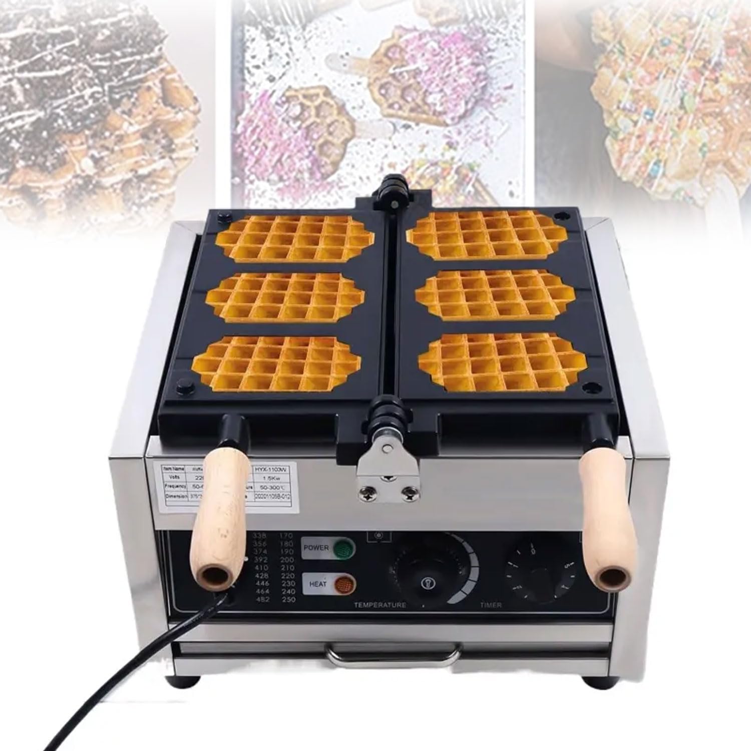 電気ハニカムワッフルマシン、1500W商業用ノンスティックワッフルメーカー、3スロット金型、50-300℃&0-5分タイマー、レストラン