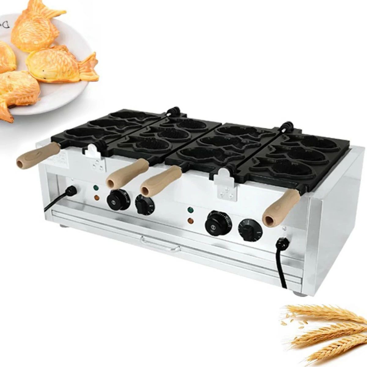 Taiyaki Machines - たい焼き器 鯛焼きメーカー 電動鯛焼き機 電気たい焼き機 電気加熱たい焼き焙煎機 電気加熱鯛型ベーキングマシン 6枚焼き重ね合