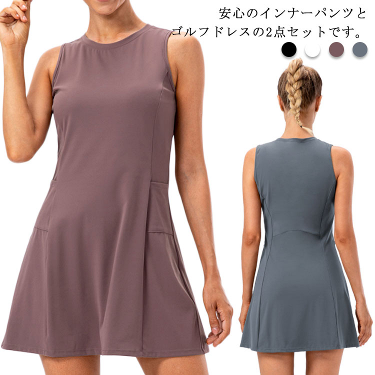 GOLF スポーツウェア ワンピース ゴルフドレス レディース クルーネック テニスウェア ゴルフウェア ノースリーブ スポーツウェア 2点セット ぺチパンツ Tシャツ インナーパンツ 夏 ゴルフ用品 通気 送料無料