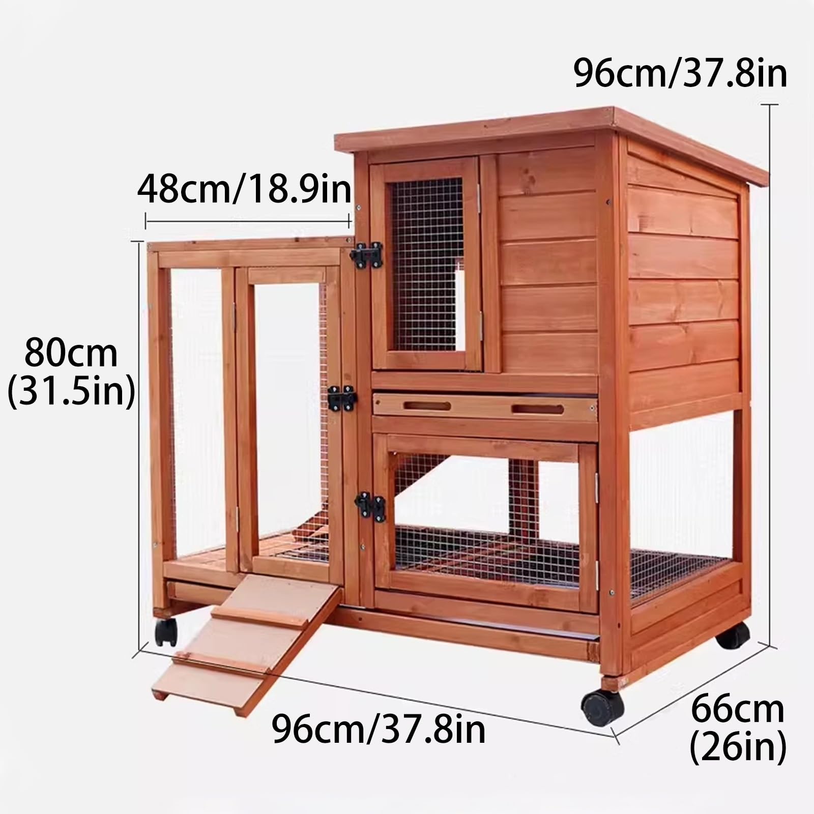 ウサギのケージ、2階建ての屋外用木製ウサギ小屋、4つの車輪と漏れ防止トレイ付き...