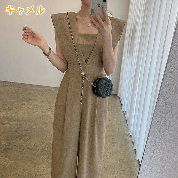 hayashopのレディース Vネック サロペット ワイドパンツ 春夏 きれいめ エレガント 美シルエット 着痩せ 体型カバー シンプル かわいい 美脚 無地 ゆったり おしゃれ カジュアル コーデ スタイルアップ オフィス ママ お出かけ デート｜アングル2