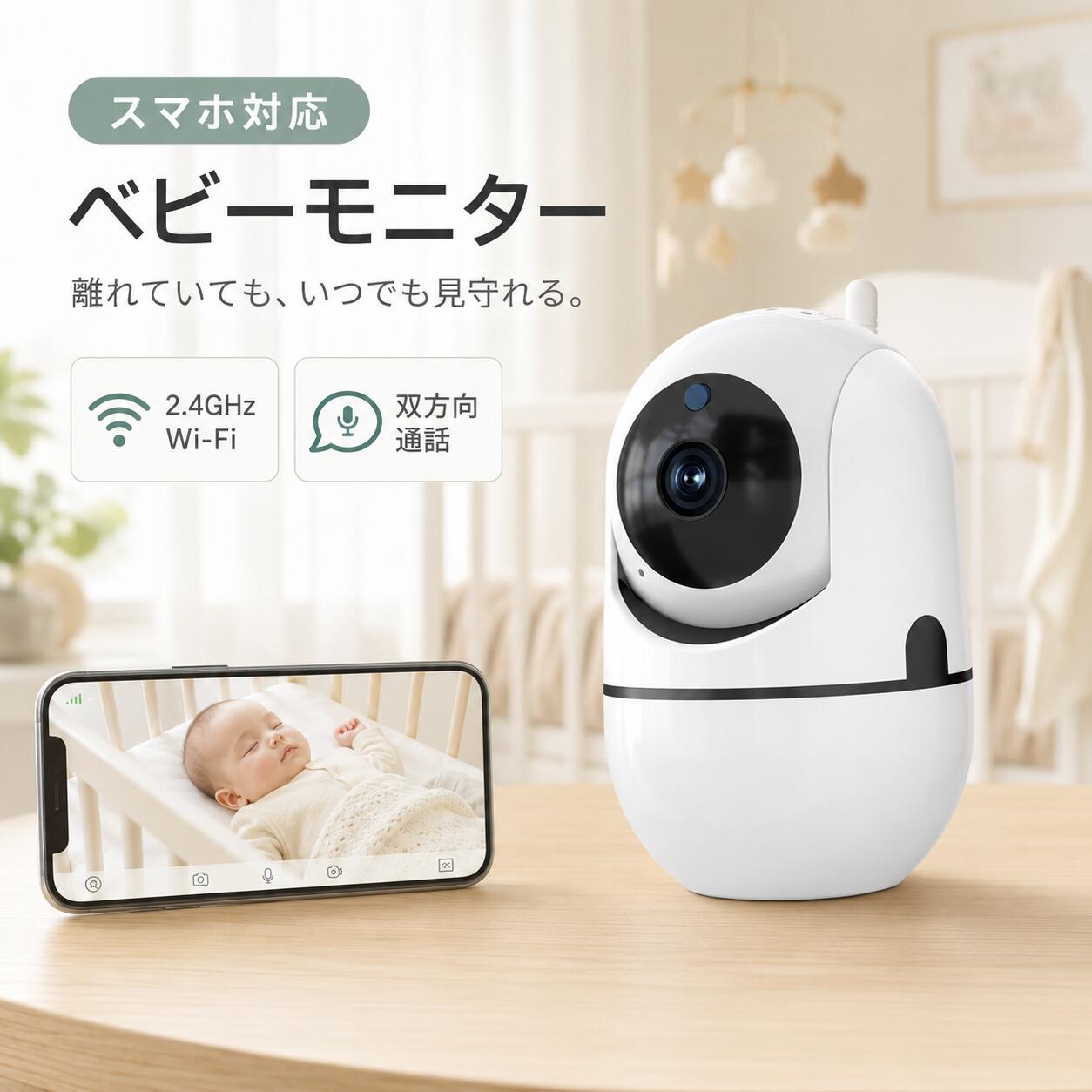 ベビーモニター 見守りカメラ ペットカメラ 200万画素 1080P 高画質 Wi-Fi スマホ対応 ベビーカメラ 赤ちゃん ペットモニター 双方向通話 ナイトビジョン 動体検知 スマホ通知 遠隔操作 家族共有 室内用 小型 留守番 出産祝い ギフト 育児