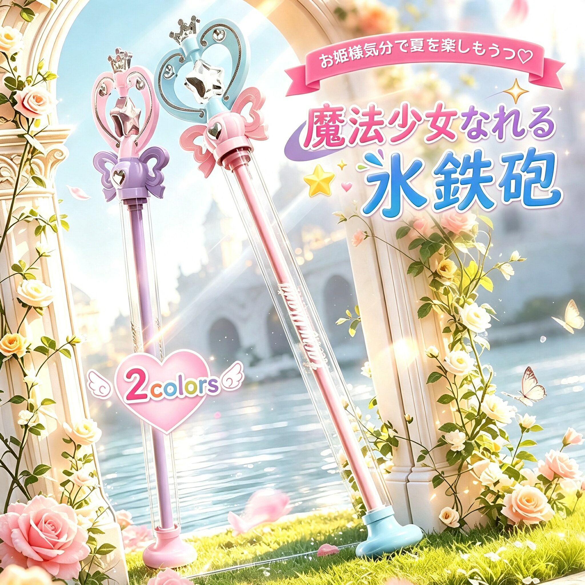 商品説明＼魔法少女になれる／かわいいステッキ型ウォーターガン魔法少女気分で夏を楽しもうキラキラ輝くステッキ型デザイン。持っているだけでワクワク、お姫様や魔法少女になった気分で水遊びが楽しめます。軽量100gで小さな手でも握りやすい重さはわずか100g。お子様の小さな手でもしっかり握れて、長時間遊んでも疲れにくい設計です。&nbsp;2WAY発射モード（ストレート＆スパイラル）ストレートモード：まっすぐ飛ばす、爽快な水しぶきスパイラルモード：くるくると回転しながら放たれる、花火のような水の軌道お好みに合わせて発射モードを切り替えられます。写真映えするかわいさ思わず撮りたくなる、ときめくデザインインスタ映え間違いなし！友達に自慢したくなるデザイン。おしゃれでかわいいから、プレゼントにもおすすめ！安全設計角を丸くし、素材にもこだわった安全設計。小さなお子様にも安心してご使用いただけます。こんなシーンで大活躍プールビーチ：夏の水遊びがもっと楽しくなるお庭公園：お外での水鉄砲バトルにおうちのお風呂：バスタイムのおもちゃとしても
