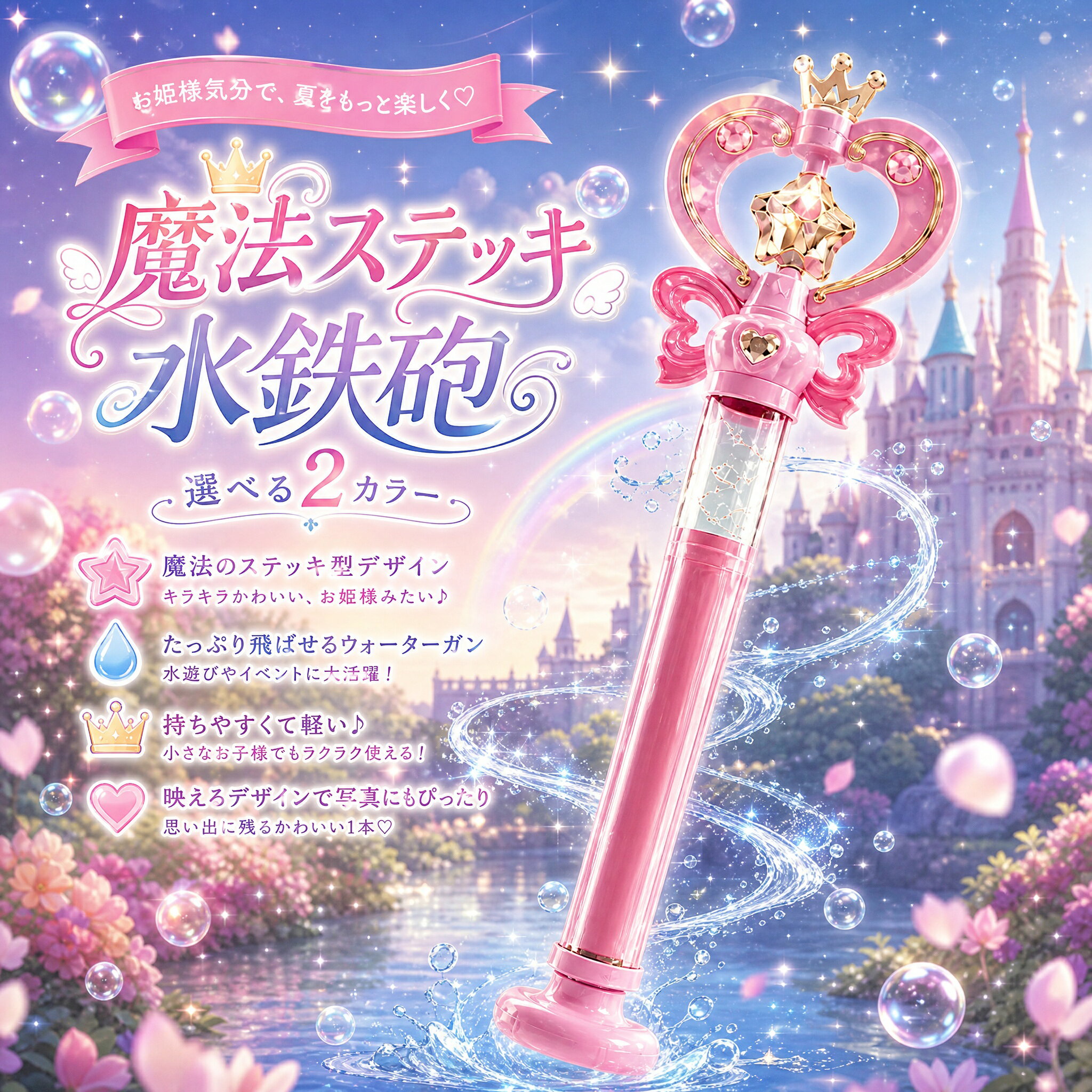 魔法少女に変身！ キュートなステッキ型ウォーターガンで夏を楽しもうまるで本物の魔法のステッキ！ファンタジー溢れる可愛らしいデザインが人気の水鉄砲です。ハートやリボン、キラキラ煌めく装飾を施したプリンセス風デザインは、女の子の憧れを叶えてくれます。軽量デザインなので、小さなお子様でもラクラク持てて扱いやすい。初めての水遊びにも最適です。ポンプを引いて押すだけの簡単操作で、力強く水を飛ばすことができます。先端からは回転しながら広がる水しぶきが飛び出し、見た目も華やかで水遊びが一段と盛り上がります。公園やお庭はもちろん、プール海辺キャンプなど、夏の様々なお出かけシーンで大活躍します。お誕生日プレゼントや夏のギフトにもぴったり。贈ったらきっと喜ばれる、人気アイテムです。商品は製造時期や生産ロットにより、一部の色や仕様が若干異なる場合がございます。