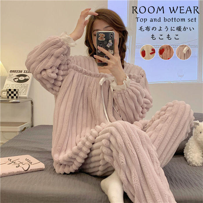 Rakuten - 【時間限定10%OFF】ルームウェア 上下セット 冬 パジャマ レディース メンズ 長袖 もこもこ ルームウェア レディース かわいい ルームウェア 秋冬 裏起毛 上下 モコモコ パジャマ 部屋着 着る毛布 プレゼント