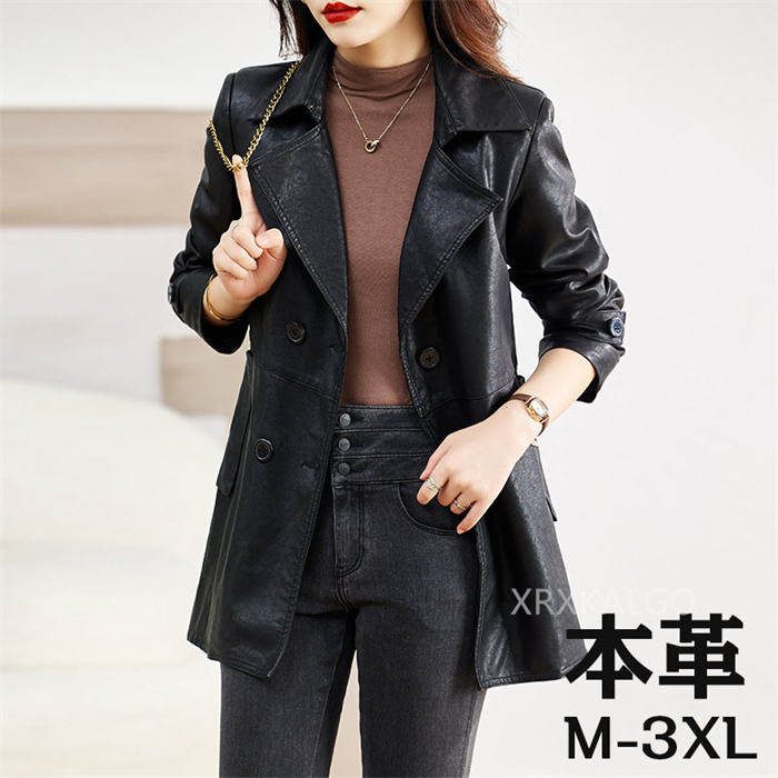 【時間限定全品10%OFF】レザージャケット ラムレザー 本革 トレンチコート レディース 春 ロング丈 ライダースジャケット チェスターコート 革ジャン レザーコート 本皮 ロングコート おしゃれ ギフト 春秋 きれいめ M L XL XXL 3XL 4XLブラック