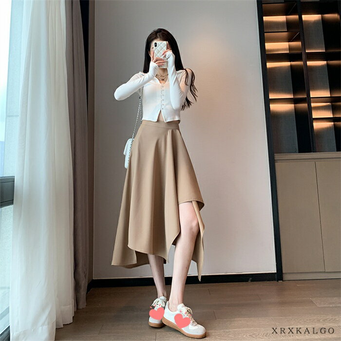 【時間限定全品10%OFF】ロングスカート ロング 大人 かわいい ファッション レディース 不規則 おしゃれ フェミニ 春 夏 秋 着痩せ カーキ ダークグレー ブラック グリーン S-2XL