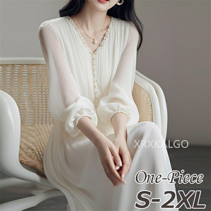 シフォン ワンピース 着痩せ シフォンワンピース レディース ロングワンピース 長袖 半袖 きれいめ 体型カバー 無地 ロングワンピ ロング 大きいサイズ ホワ...