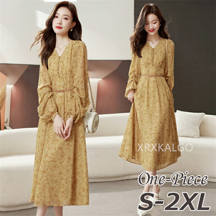 シフォン ワンピース 着痩せ ワンピース シフォンワンピース レディース ロングワンピース 長袖 半袖 きれいめ 体型カバー 花柄 ベルド付き ロングワンピ ロ...