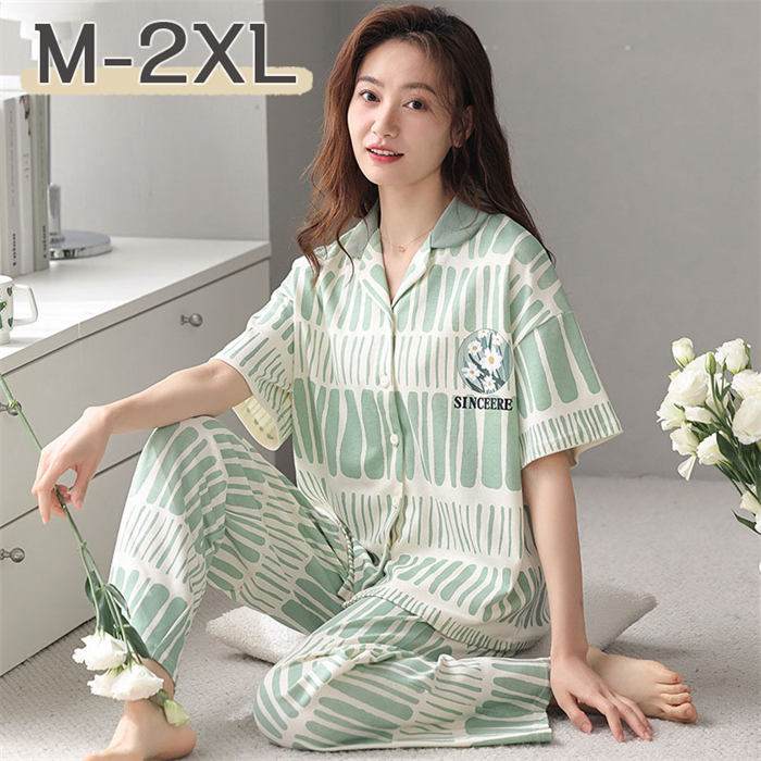 【時間限定全品10%OFF】パジャマ レディース 前開き 綿 ルームウェア半袖 長ズボン M L XL 大きいサイズ 上下セット グリーン 部屋着 ナイトウエア 春 夏 秋 ロングパンツ 上品