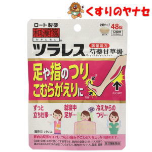 就寝中に「ふくらはぎ」や「足の指」がつった経験はありませんか？ 筋肉の緊張をほぐし、つらい痛みやこわばりをしっかり鎮めます。 錠剤タイプなので服用しやすく、飲みこみやすいのも特長。 7才のお子様から、体力に関わらず使用できます。※パッケージは予告なく変更されることがあります。 ■商品特徴 就寝中に「ふくらはぎ」や「足の指」がつった経験はありませんか？ 筋肉の緊張をほぐし、つらい痛みやこわばりをしっかり鎮めます。 錠剤タイプなので服用しやすく、飲みこみやすいのも特長。 7才のお子様から、体力に関わらず使用できます。 ※ツラレスは、一般用漢方製剤の承認基準に定められている生薬の1日最大量から抽出したエキスを配合した「満量処方」です。 ■効能・効果 体力に関わらず使用でき、筋肉の急激なけいれんを伴う痛みのあるものの次の諸症：こむらがえり、筋肉のけいれん、腹痛、腰痛 ■内容成分・成分量 12錠中 ●芍薬甘草湯エキス・・・2400mg （シャクヤク6.0g、カンゾウ6.0gより抽出）を含む。 添加物として、クロスCMC-Na、バレイショデンプン、メタケイ酸アルミン酸Mg、乳糖水和物、タルク、ステアリン酸Mg、カルナウバロウを含有しています。 【成分・分量に関する注意】 ※本剤は、天然物（生薬）のエキスを用いているため、錠剤の色が多少異なることがある。 ■用法・用量 次の量を1日2〜3回、水又はお湯で服用すること。 成人（15才以上）・・・1回4錠 7才以上15才未満・・・1回2錠 7才未満・・・服用しないこと 【用法・用量に関する注意】 (1)用法・用量を守ってください。 (2)小児に使用させる場合には、保護者の指導監督のもとに使用させてください。 ■使用上の注意 ■してはいけないこと 1．次の診断を受けた人は服用しないこと。 心臓病。 2．症状があるときのみの服用にとどめ、連用しないこと。 ■相談すること 1. 次の人は服用前に医師、薬剤師又は登録販売者に相談してください。 (1)医師の治療を受けている人。 (2)妊婦又は妊娠していると思われる人。 (3)高齢者。 (4)次の症状のある人：むくみ。 (5)次の診断を受けた人：高血圧、腎臓病。 2. 服用後、次の症状があらわれた場合は副作用の可能性がありますので、直ちに服用を中止し、この文書を持って医師、薬剤師又は登録販売者に相談してください。 【関係部位】【症状】 間質性肺炎…階段を上ったり、少し無理をしたりすると息切れがする・息苦しくなる、空せき、発熱等がみられ、これらが急にあらわれたり、持続したりする。 偽アルドステロン症、ミオパチー…手足のだるさ、しびれ、つっぱり感やこわばりに加えて、脱力感、筋肉痛があらわれ、徐々に強くなる。 うっ血性心不全、心室頻拍…全身のだるさ、動悸、息切れ、胸部の不快感、胸が痛む、めまい、失神等があらわれる。 肝機能障害…発熱、かゆみ、発疹、黄疸（皮ふや白目が黄色くなる）、褐色尿、全身のだるさ、食欲不振等があらわれる。 3. 5〜6回服用しても症状がよくならない場合は服用を中止し、この文書を持って医師、薬剤師又は登録販売者に相談してください。 ■保管及び取扱い上の注意 (1)直射日光の当たらない涼しい所に密栓して保管してください。 (2)小児の手の届かない所に保管してください。 (3)他の容器に入れ替えないでください。（誤用の原因になったり品質が変わるおそれがあります。） (4)使用期限をすぎた製品は使用しないでください。 (5)湿気により、変色など品質に影響を与える場合があるので、ぬれた手で触れないこと。 ■商品情報 商品名　　：ロート製薬 和漢箋 ツラレス 内容量　　：48錠 医薬品区分：【第2類医薬品】 使用期限　：出荷時100日以上期限のある商品を送ります。 ■お問い合わせ ロート製薬株式会社 お客様相談室 大阪府大阪市生野区巽西1-8-1 電話番号：03-5442-6020 広告文責：くすりのヤナセ