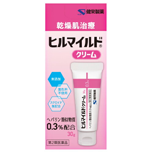 内容量30g商品説明・有効成分「ヘパリン類似物質」配合の乾燥肌治療薬。（第2類医薬品）・角層に水分を付与し、持続性の高い保湿力。・顔や手足の乾燥肌に効果を発揮します。・使いやすいワンタッチキャップを採用・ステロイド無配合・無添加、無着色・しっとり潤う「油中水型(w/o型)」のクリームタイプ効能効果手指の荒れ、ひじ・ひざ・かかと・くるぶしの角化症、手足のひび・あかぎれ、乾皮症、小児の乾燥性皮ふ、しもやけ（ただれを除く）、きず・やけどのあとの皮ふのしこり・つっぱり(顔面を除く）、打身・ねんざ後のはれ・筋肉痛・関節痛。配合成分成分分量：100g中ヘパリン類似物質0.3g含有添加物：サラシミツロウ、セレシン、白色ワセリン、エデト酸ナトリウム水和物、ジブチルヒドロキシトルエン、グリセリン、軽質流動パラフィン、スクワラン、グリセリン脂肪酸エステル、ポリオキシエチレンセチルエーテル、パラオキシ安息香酸プロピル、パラオキシ安息香酸メチル用法・容量1日1〜 数回、適量を患部にすりこむか、又はガーゼ等にのばして貼ってください。〈用法用量に関連する注意〉（1）用法用量を厳守してください。（2）小児に使用させる場合には、保護者の指導監督のもとに使用させてください。（3）目に入らないように注意してください。万一、目に入った場合には、すぐに水又はぬるま湯で洗ってください。なお、症状が重い場合には、眼科医の診療を受けてください。（4）外用にのみ使用してください。使用上の注意点＜してはいけないこと＞（守らないと現在の症状が悪化したり、副作用が起こりやすくなります。）1.次の人は使用しないでください。（1）出血性血液疾患（血友病、血小板減少症、紫斑病等）の人。（2）わずかな出血でも重大な結果をきたすことが予想される人。（血液凝固抑制作用を有し出血を助長するおそれがあります。）2.次の部位には使用しないでください目や目の周囲、粘膜（口腔、鼻腔、膣等）。＜相談すること＞1.次の人は使用前に医師、薬剤師又は登録販売者に相談してください。（1）医師の治療を受けている人。（2）薬などによりアレルギー症状を起こしたことがある人。（3）湿潤やただれのひどい人2.使用後、次の症状があらわれた場合は副作用の可能性があるので、直ちに使用を中止し、この外箱を持って医師、薬剤師又は登録販売者に相談してください。　関係部位：皮ふ　症状: 発疹・発赤、かゆみ、はれ、紫斑3.5〜6 日間使用しても症状がよくならない場合は使用を中止し、この外箱を持って医師、薬剤師又は登録販売者に相談してください。保管および取扱い上の注意（1）直射日光の当たらない涼しい所に密栓して保管してください。（2）小児の手の届かない所に保管してください。（3）他の容器に入れ替えないでください。（ 誤用の原因になったり品質が変わることがあります。）（4）使用期限を過ぎた製品は使用しないでください。使用期限使用期限まで半年以上ある商品をお届致します。発売販売元健栄製薬株式会社大阪市中央区伏見町2丁目5番8号電話番号：06-6231-5822受付時間：10:00~16:00(土、日、祝日を除く)メーカー名健栄製薬製造販売元健栄製薬（株）広告文責株式会社コクミンTEL 06-6671-0315区分第2類医薬品文責：白川佳秀日本製こちらの商品は、おひとり様3個までとさせていただいております。