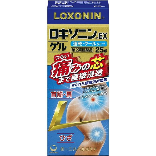 内容量25g商品説明すぐれた鎮痛消炎効果をもつロキソプロフェンナトリウム水和物を配合。さらにl-メントール（鎮痛補助成分）を追加配合。速乾性があり、スーッとした使用感のクールタイプ。のびがよく、関節部位にも塗りやすい。半透明のゲルタイプで、目立ちにくく、においも少ない。効能効果腰痛、肩こりに伴う肩の痛み、関節痛、筋肉痛、腱鞘炎（手・手首の痛み）、肘の痛み（テニス肘など）、打撲、捻挫配合成分成分分量ロキソプロフェンナトリウム水和物1.13g（無水物として1g）l-メントール3g［添加物］エタノール、マクロゴール、ポリオキシエチレン硬化ヒマシ油、ポリソルベート80、カルボキシビニルポリマー、ヒプロメロース、トリエタノールアミン用法・容量1日3〜4回、適量を患部に塗擦して下さい。・15歳未満の小児は使用しないで下さい。・1回あたり8cm（約2g）、1週間あたり50gを超えて使用しないで下さい。・連続して2週間以上使用しないで下さい。使用上の注意点■してはいけないこと（守らないと現在の症状が悪化したり，副作用が起こりやすくなります）1．次の人は使用しないで下さい。　（1）本剤又は本剤の成分によりアレルギー症状を起こしたことがある人　（2）本剤又は他の解熱鎮痛薬，かぜ薬，外用鎮痛消炎薬を使用してぜんそくを起こしたことがある人　（3）15歳未満の小児2．次の部位には使用しないで下さい。　（1）目の周囲，粘膜等　（2）皮膚の弱い部位（顔，わきの下等）　（3）しっしん，かぶれ，傷口　（4）みずむし・たむし等又は化膿している患部3．本剤を使用している間は，他の外用鎮痛消炎薬を使用しないで下さい。4．連続して2週間以上使用しないで下さい。　（本剤は痛みを一時的におさえるものです。痛み等の症状が継続する場合には，使用を中止し，医師の診療を受けて下さい）保管および取扱い上の注意（1）直射日光の当たらない涼しい所に密栓して保管して下さい。（2）小児の手の届かない所に保管して下さい。（3）他の容器に入れ替えないで下さい。（誤用の原因になったり品質が変わります）（4）火気に近づけないで下さい。（5）本剤は化学繊維，プラスチック類，塗装面等を溶かしたりすることがありますので，床，家具，メガネ等につかないようにして下さい。（6）表示の使用期限を過ぎた製品は使用しないで下さい。また，開封した後は，なるべく早く使用して下さい。使用期限使用期限まで半年以上ある商品をお届致します。発売販売元第一三共ヘルスケア株式会社　「お客様相談室」〒103-8234東京都中央区日本橋3−14−10電話番号：0120−337−336受付時間：9：00〜17：0 0 （土、日、祝日を除く）メーカー名第一三共ヘルスケア広告文責株式会社コクミンTEL 06-6671-0315区分第2類医薬品文責：吉田修吾こちらの商品は、おひとり様3個までとさせていただいております。