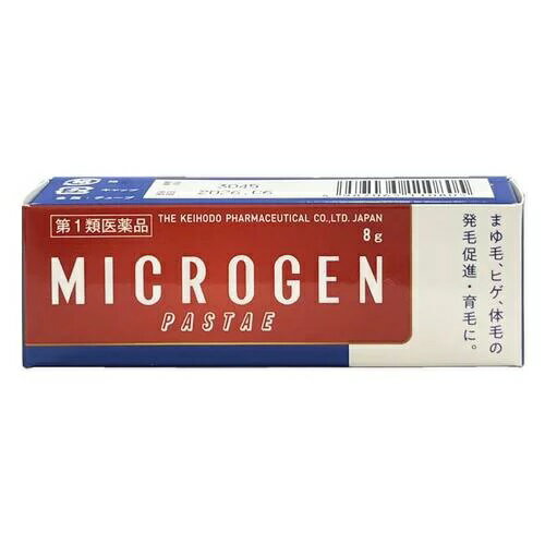 ※当店薬剤師からのメールにご返信を頂けないと注文キャンセルとなります。※返信メールが到着した時点で薬剤師が内容を確認後、ご注文確定となります。添付文書の情報（商品の説明付）はこちらからご確認いただけます。内容量8g商品説明ミクロゲン・パスタは、二種のテストステロン（男性ホルモン）を主成分とした吸収されやすいクリーム状の外用育毛剤で、まゆ毛，ヒゲ，胸毛，腋窩，性毛など、頭髪以外の部分に生えるべき硬毛の生育促進に、塗って効果をあらわすものです。※頭髪には使用できません効能効果男女両性の無毛症，貧毛症（顔面，胸部，四肢，腋窩，恥部の発毛促進と育毛）配合成分1g中成分分量　メチルテストステロン10mg、テストステロンプロピオン酸エステル5mg添加物ステアリルアルコール、プロピレングリコール、ポリオキシエチレン硬化ヒマシ油、ステアリン酸グリセリン、パラベン、ワセリン、コレステロール、感光素301号、香料用法・容量1日1〜2回、1回0.1g〜0.3gを目的の部位に塗布してください。即効性でないので、1ヶ月から2〜3ケ月くらいを目安に続けてお使いください。効果には個人差があり、期待するような効果を得られない場合もあります。使用上の注意点してはいけないこと（守らないと現在の症状が悪化したり、副作用・事故がおこりやすくなる）1．次の人は使用しないこと（1）本剤の成分に対しアレルギー症状を起こしたことがある人（2）ご使用前に本剤をチューブから5mm程度出し、内股などの皮ふのうすい所にすり込んで、翌日中に薬疹、発赤、かゆみ、かぶれ、はれなどの症状が現れた人（3）アンドロゲン依存性腫瘍（例えば前立腺腫瘍、乳腫瘍（悪性））及びその疑いのある人（4）妊婦、妊娠している可能性のある女性、授乳中の人（5）小児（15歳未満）（6）排尿困難を伴う前立腺肥大のある人（7）前立腺検査※の結果、前立腺特異抗原（PSA）の値が2.0ng／mL以上の人（医師の判断に従うこと）※本剤の有効成分（メチルテストステロン、テストステロンプロピオン酸エステル）は前立腺腫瘍を進行させるおそれがあります。a）特に50歳以上の男性は前立腺腫瘍の罹患率が高まるため、本剤のご使用前に前立腺検査を受ける必要があります。b）継続的にご使用の人は定期的な検査を受ける必要があります。c）検査の結果、異常があった場合には直ちに本剤のご使用を中止して、医師又は薬剤師に相談すること（8）睡眠時無呼吸症候群である人（9）円形脱毛症の人2．次の部位には使用しないこと（1）目や目の周囲、粘膜（口腔、鼻腔等）（2）頭髪、マツ毛（3）陰茎部先端（尿道口）、恥部の粘膜部（4）外傷、炎症、湿疹、ただれ、化膿などのある部位3．本剤を使用している間は、男性ホルモンを含んだいずれの医薬品も使用しないこと4．使用者以外へ付着させないこと（1）ご使用後は石鹸とぬるま湯で手を十分に洗って下さい。（2）本剤を使用者以外の人に付着させないように注意して下さい。付着した場合は直ちに洗い流して下さい。（3）塗布部が他の人と接触する可能性があるときは、塗布部を石鹸とぬるま湯で十分に洗い流して下さい。相談すること1．次の人は使用前に医師または薬剤師に相談すること（1）医師の治療を受けている人（2）前立腺肥大症ではあるが、排尿困難を伴わない人（3）薬や化粧品等によるアレルギー症状（発疹・発赤、かゆみ、かぶれ、はれ等）を起こしたことがある人（4）本人又は家族がアレルギー体質の人（5）重度の心臓病、腎臓病、肝臓病、高血圧又はその既往歴のある人2．次の場合は、直ちに使用を中止し、この文書を持って医師又は薬剤師に相談すること（1）使用後、次の症状があらわれた場合関係部位・・・症状皮ふ（塗った所）・・・発疹・発赤、はれ、かぶれ、かゆみ、水疱、にきび（2）1〜3ヵ月使用しても症状の改善がみられない場合（3）月経異常、或いは変声等の男性化の兆候が見られた場合（4）誤った使い方をしてしまった場合保管および取扱い上の注意（1）直射日光をさけ、なるべく湿気の少ない涼しい所に密栓して保管してください。（2）小児の手のとどかない所に保管してください。（3）他の容器に入れ替えないでください。（誤用の原因になったり、品質が変わることがあります）（4）使用期限を過ぎた製品は使用しないでください。（5）本剤が出すぎた場合は、チューブに戻さないでください。（6）本剤をチューブから出しにくい場合は、手のひら等で1〜2分温めてください。使用期限使用期限まで半年以上ある商品をお届致します。発売販売元啓芳堂製薬株式会社お客様相談室TEL03-3828-5663メーカー名啓芳堂製薬広告文責株式会社コクミンTEL 06-6671-0315区分第1類医薬品文責：吉田修吾こちらの商品は、おひとり様3個までとさせていただいております。※当店薬剤師からのメールにご返信を頂けないと注文キャンセルとなります。※返信メールが到着した時点で薬剤師が内容を確認後、ご注文確定となります。お電話での確認も可能です。(薬剤師吉田まで)TEL06-6671-0315平日：10:00-17:00