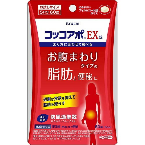 内容量60錠商品説明お腹まわりタイプの脂肪と便秘にお腹まわりタイプとは、食べ過ぎや間食が多くなり、代謝が追いつかなくなることでお腹まわりに脂肪がつきやすくなるタイプのことです。また、このタイプは胃腸の働きが乱れて便秘にもなりがちです。コッコアポEX錠は、過剰な食欲を抑えながら、脂質代謝を上げて余分な脂肪を減らします。また、便を柔らかくしてスムーズな排便を促すことで、便秘を改善。これらによって、余分な脂肪をデトックス※して、お腹まわりをはじめ全身についた余分な脂肪を減らします。※デトックスとは、余分な脂肪や老廃物を排出することで、肥満症を改善させることを意味します。効能効果体力充実して、腹部に皮下脂肪が多く、便秘がちなものの次の諸症：高血圧や肥満に伴う動悸・肩こり・のぼせ・むくみ・便秘、蓄膿症（副鼻腔炎）、湿疹・皮膚炎、ふきでもの（にきび）、肥満症配合成分成人1日の服用量12錠（1錠390mg）中防風通聖散エキス(3/5量)・・・3,420mg（トウキ・シャクヤク・センキュウ・サンシシ・レンギョウ・ハッカ・ケイガイ・ボウフウ・マオウ各0.72g、ショウキョウ0.24g、ダイ オウ0.9g、無水ボウショウ0.45g、ビャクジュツ・キキョウ・オウゴン・カンゾウ・セッコウ各1.2g、カッセキ1.8gより抽出。）添加物として、二酸化ケイ素、クロスCMC-Na、ステアリン酸Mg、ヒプロメロース、還元麦芽糖水アメ、マクロゴール、酸化チタン、三二酸化鉄、カルナウバロウを含有する。用法・容量次の量を1日3回食前又は食間に水又は白湯にて服用。成人（15才以上）・・・1回4錠15才未満・・・服用しないこと使用上の注意点してはいけないこと（守らないと現在の症状が悪化したり、副作用が起こりやすくなります）1．本剤を服用している間は、次の医薬品を服用しないでください他の瀉下薬（下剤）2．授乳中の人は本剤を服用しないか、本剤を服用する場合は授乳を避けてください相談すること1．次の人は服用前に医師、薬剤師又は登録販売者に相談してください（1）医師の治療を受けている人（2）妊婦又は妊娠していると思われる人（3）体の虚弱な人（体力の衰えている人、体の弱い人）（4）胃腸が弱く下痢しやすい人（5）発汗傾向の著しい人（6）高齢者（7）今までに薬などにより発疹・発赤、かゆみ等を起こしたことがある人（8）次の症状のある人 むくみ、排尿困難（9）次の診断を受けた人 高血圧、心臓病、腎臓病、甲状腺機能障害2．服用後、次の症状があらわれた場合は副作用の可能性があるので、直ちに服用を中止し、この文書を持って医師、薬剤師又は登録販売者に相談してください関係部位・・・症状皮膚・・・発疹・発赤、かゆみ消化器・・・吐き気・嘔吐、食欲不振、胃部不快感、腹部膨満、はげしい腹痛を伴う下痢、腹痛精神神経系・・・めまいその他・・・発汗、動悸、むくみ、頭痛まれに下記の重篤な症状が起こることがある。その場合は直ちに医師の診療を受けてください。症状の名称・・・症状間質性肺炎・・・階段を上ったり、少し無理をしたりすると息切れがする・息苦しくなる、空せき、発熱等がみられ、これらが急にあらわれたり、持続したりする。偽アルドステロン症、ミオパチー・・・手足のだるさ、しびれ、つっぱり感やこわばりに加えて、脱力感、筋肉痛があらわれ、徐々に強くなる。肝機能障害・・・発熱、かゆみ、発疹、黄疸（皮膚や白目が黄色くなる）、褐色尿、全身のだるさ、食欲不振等があらわれる。腸間膜静脈硬化症・・・長期服用により、腹痛、下痢、便秘、腹部膨満等が繰り返しあらわれる。3．服用後、次の症状があらわれることがあるので、このような症状の持続又は増強が見られた場合には、服用を中止し、この文書を持って医師、薬剤師又は登録販売者に相談してください下痢、便秘4．1ヵ月位（便秘に服用する場合には1週間位）服用しても症状がよくならない場合は服用を中止し、この文書を持って医師、薬剤師又は登録販売者に相談してください5．長期連用する場合には、医師、薬剤師又は登録販売者に相談してください保管および取扱い上の注意（1）直射日光の当たらない湿気の少ない涼しい所に、チャックをしっかりしめて保管してください。（2）小児の手の届かない所に保管してください。（3）他の容器に入れ替えないでください。（誤用の原因になったり品質が変わります。）（4）使用期限を過ぎた製品は服用しないでください。（5）水分が錠剤につきますと、変色または色むらを生じることがありますので、誤って水滴を落としたり、ぬれた手で触れないでください。使用期限使用期限まで半年以上ある商品をお届致します。発売販売元クラシエ薬品株式会社 お客様相談窓口TEL03‐5446‐3334メーカー名クラシエ薬品広告文責株式会社コクミンTEL 06-6671-0315区分第2類医薬品文責：吉田修吾こちらの商品は、おひとり様3個までとさせていただいております。