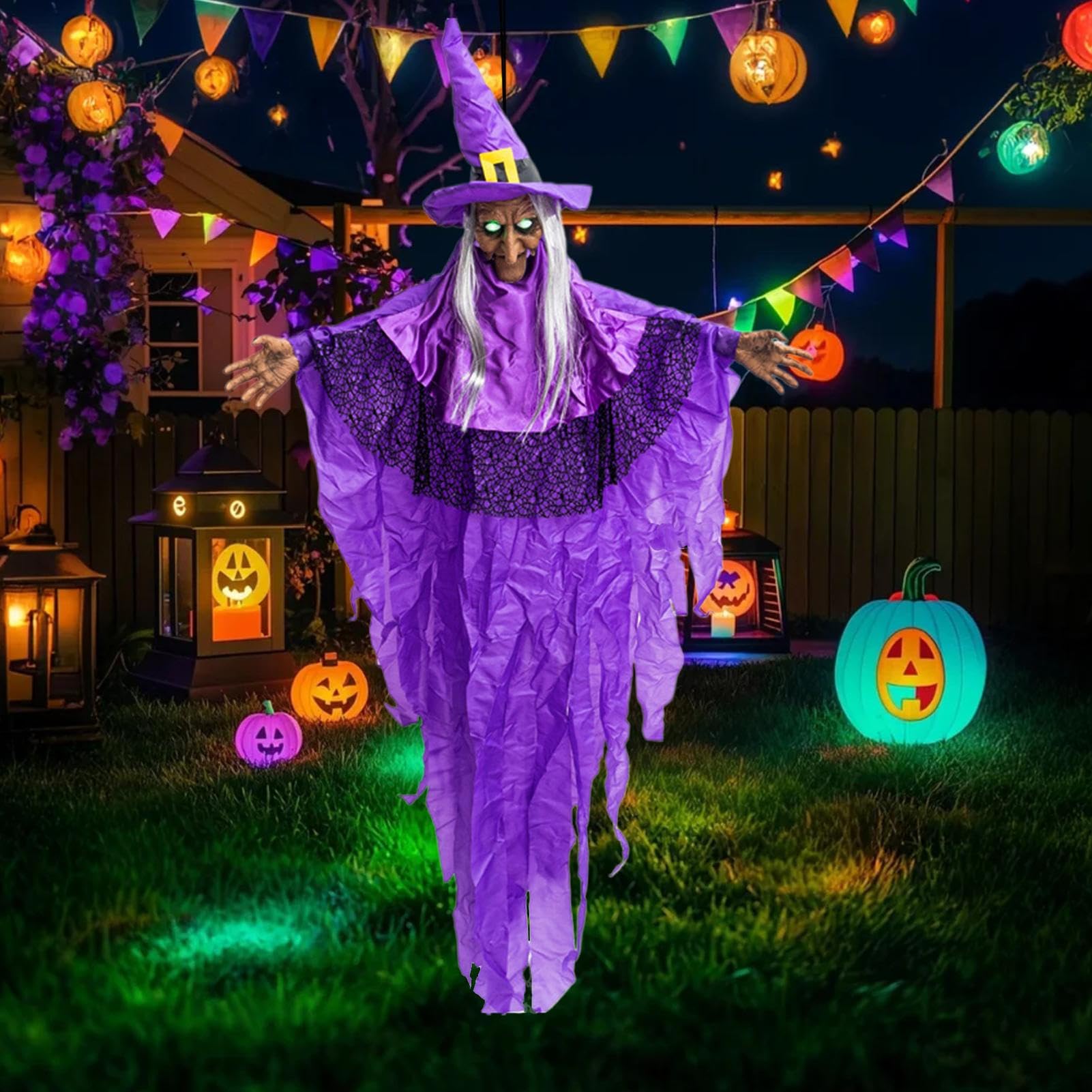 アニメーションハロウィーンの魔女 - 不気味な姿、お化け屋敷の小道具、ライトアップアイアクセント、..