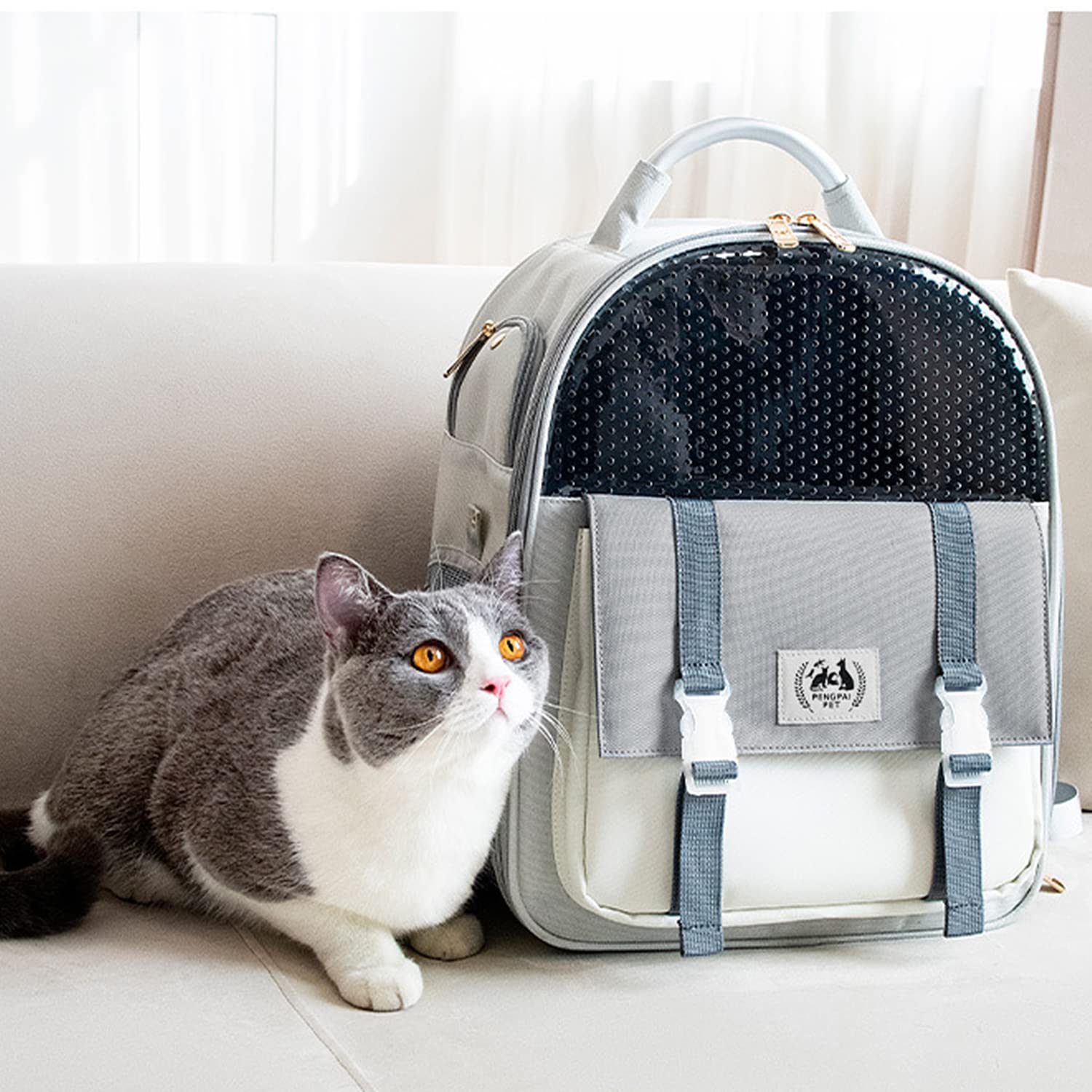 ペットキャリーバッグ 犬猫用リュックバッグ 通気性 お出かけ用 旅行 (グレー)