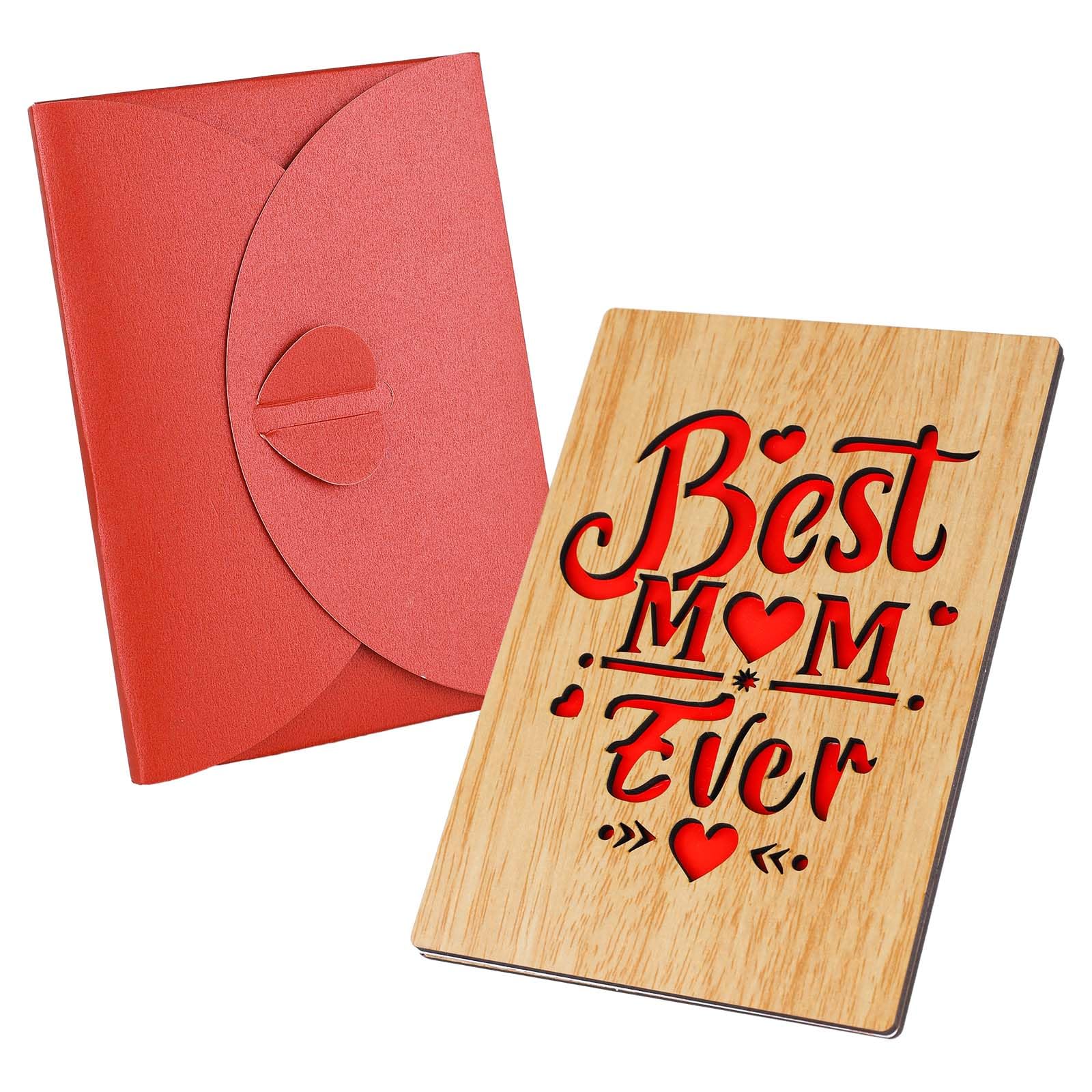 母の日カード、 木製カード、封筒付きママ用バースデーカード ハートパターン くり抜かれたグリーティ..
