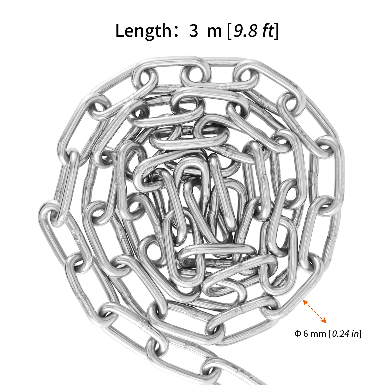 9.8フィート x 1/4インチ 304ステンレススチールチェーンリンク 高耐久メタルチェーン ステンレススチールユーティリティチェーン 吊り下げ/キャンプ/ガードレール/スイングチェーン/牽引用 シルバー