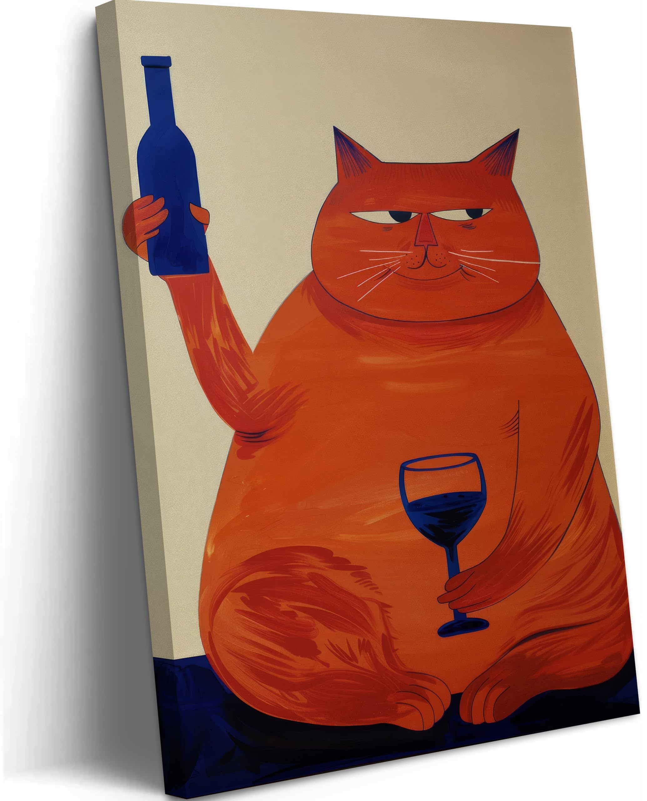 トレンディなバーカートキャンバスウォールアート面白い猫飲酒赤ワイン絵壁装飾レトロキッチン装飾ポス..