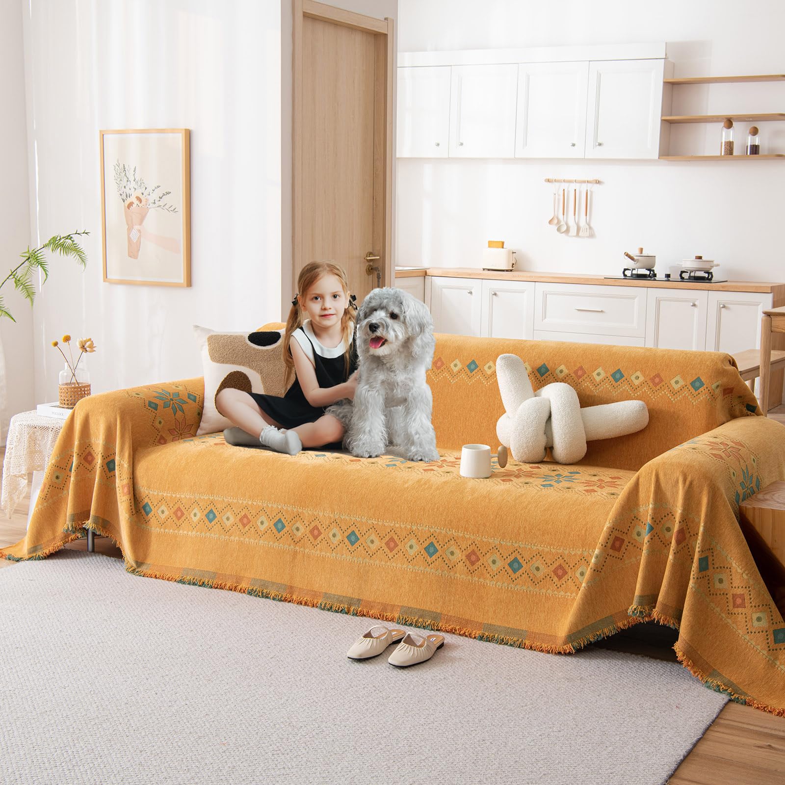 オレンジ ボーホー ソファカバー シェニール カウチ カバー ブランケット ヴィンテージ ボヘミアン ソファカバー 2 クッションソファ用 幾何学模様 ジャカード セクション カウチ カバー 犬用 洗濯可能 ラブシート スリップカバー 71インチ118インチ