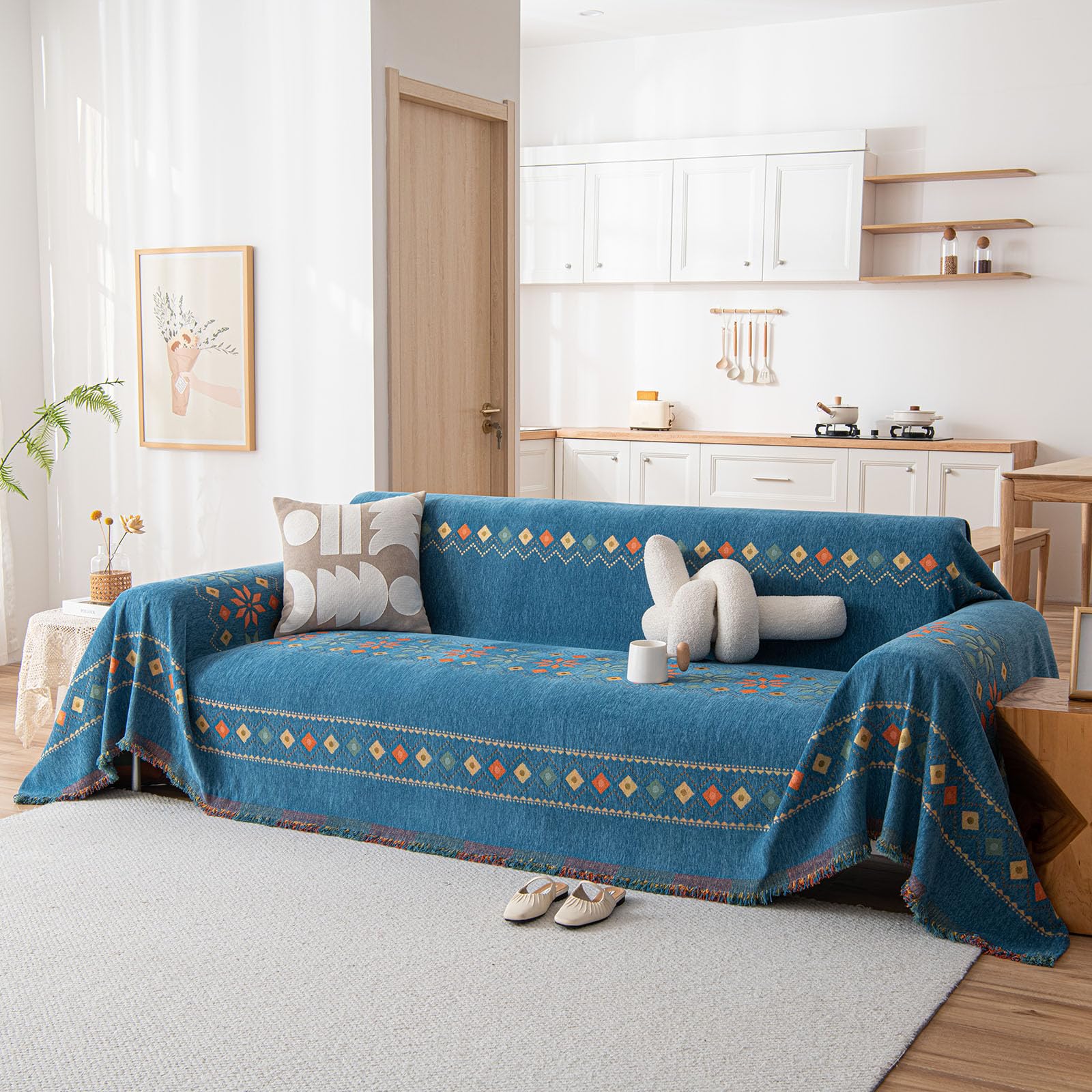 ブルー ボーホー カウチ カバー ジオメトリック ジャカード ソファカバー クッション カウチ ラブシート カウチ カバー ペット用 犬 ヴィンテージ シェニール ソファカバー ブランケット 家具プロテクター スロー スリップカバー、71インチ118インチ