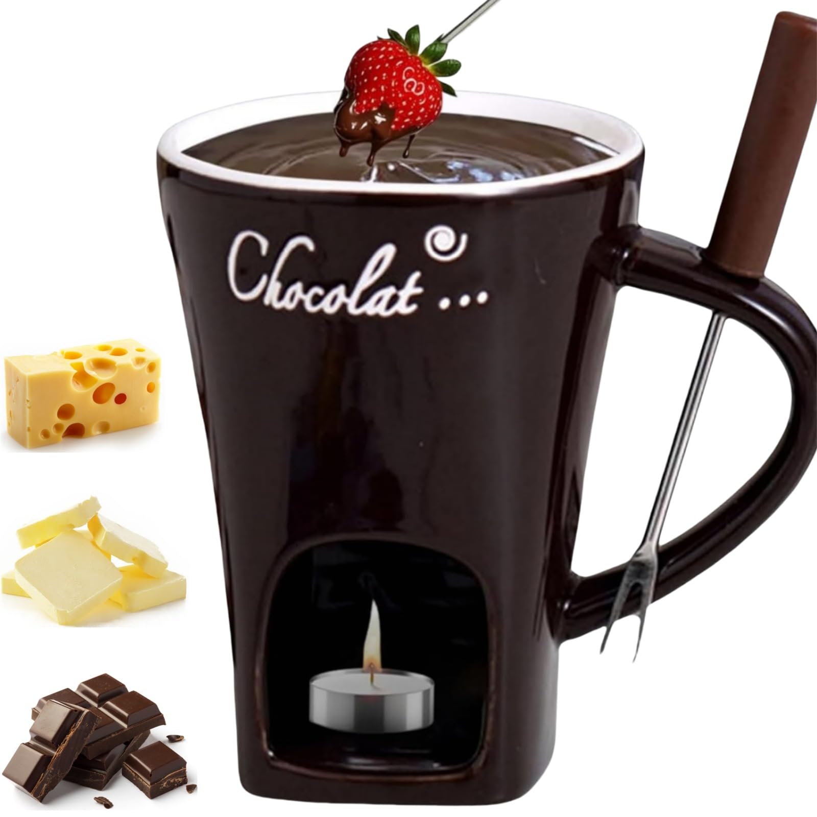 チョコレートメルティングカップ、チョコレートフォンデュマグ、ミニチョコレートフォンデュセット、フォーク付き、デート、ナイト、誕生日、ウェディングギフト(ホワイト)