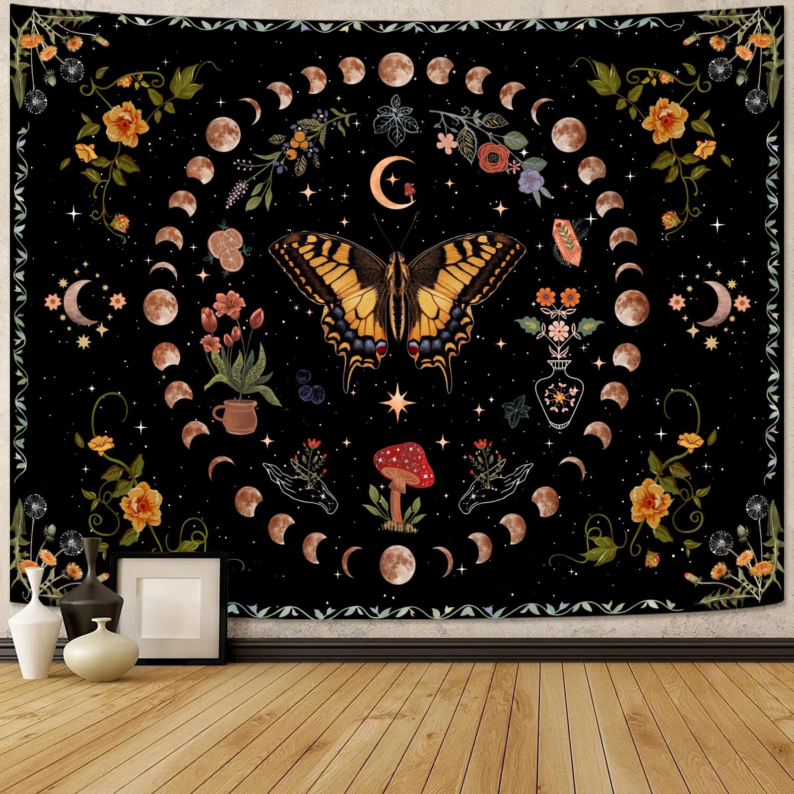 ボヘミアンフローラル曼荼羅タペストリー 壁掛け ブルー ボヘミアン 花 メダリオンタペストリー 美的ヴィンテージ ネイビー ヒッピー インド 小タペストリー 寝室 リビングルーム 寮の装飾用 48 36インチ