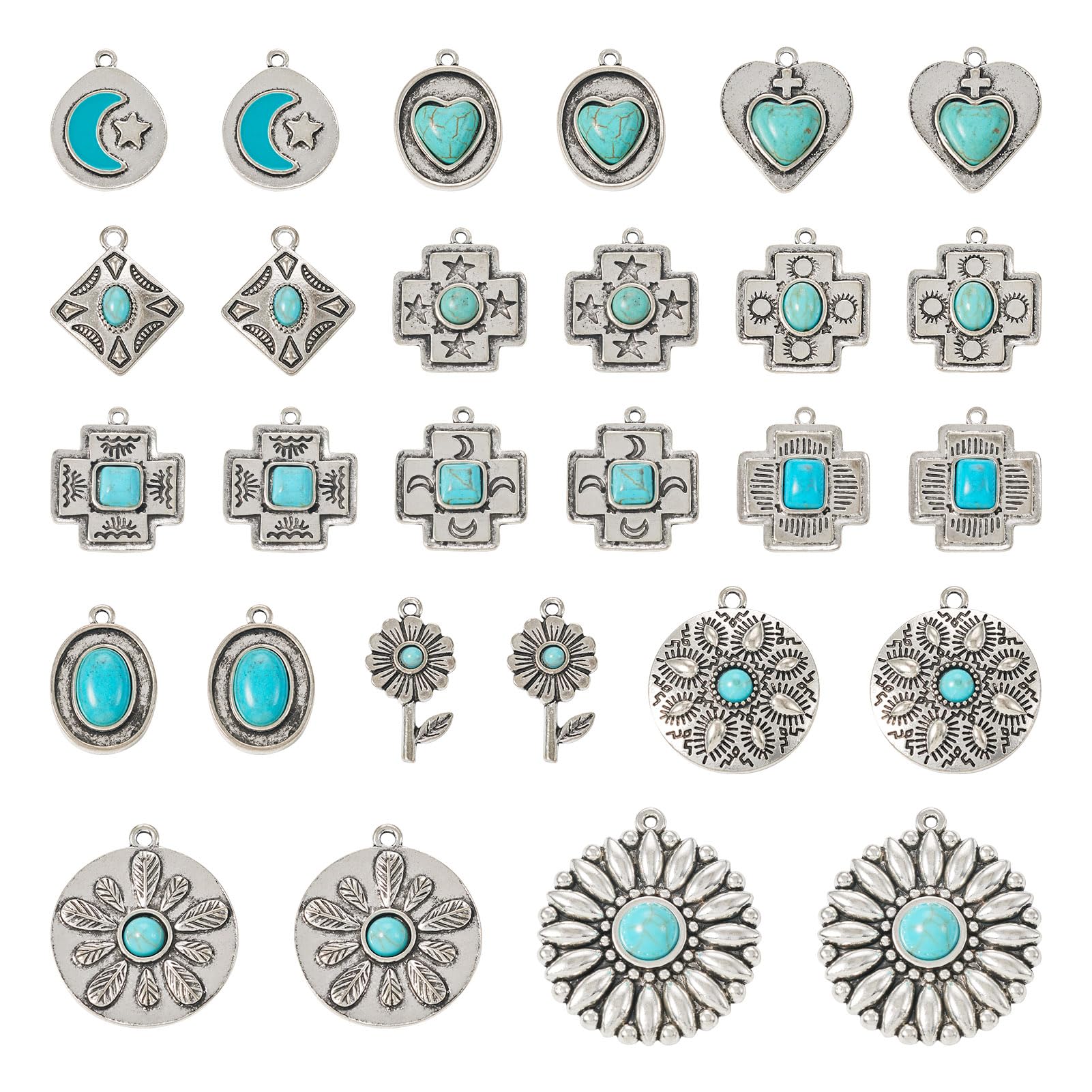 ターコイズチャーム 30個 15スタイル ウエスタンペンダント チベットスタイル ヴィンテージ ラージ ダングル レトロフラワー クロスストーン ボヘミアンペン...