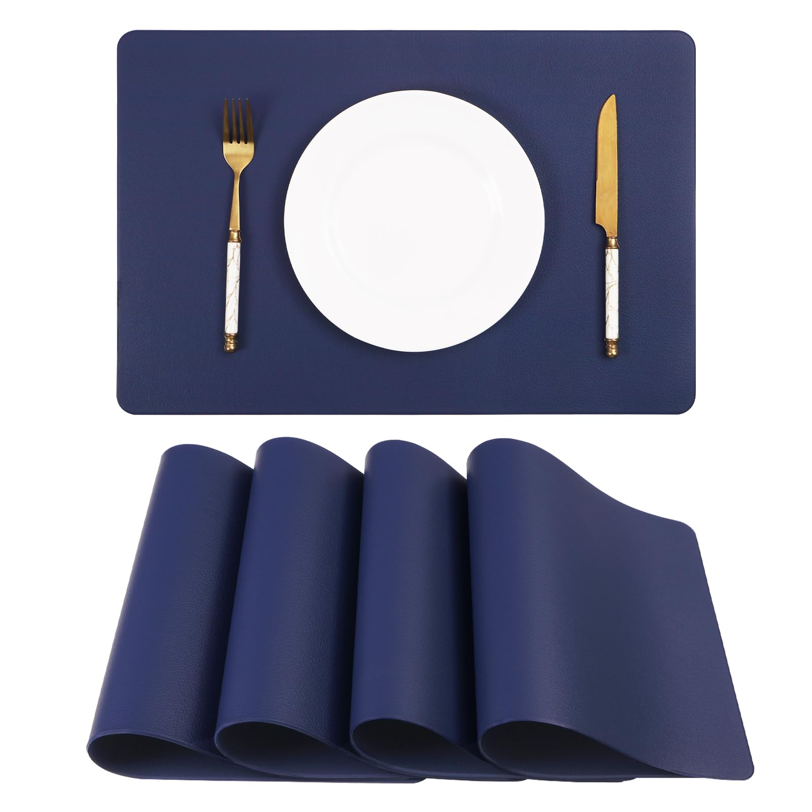 フェイクレザープレースマット ネイビーブルー テーブルプレースマット 4枚セット 防水 耐油 耐熱 汚れ..