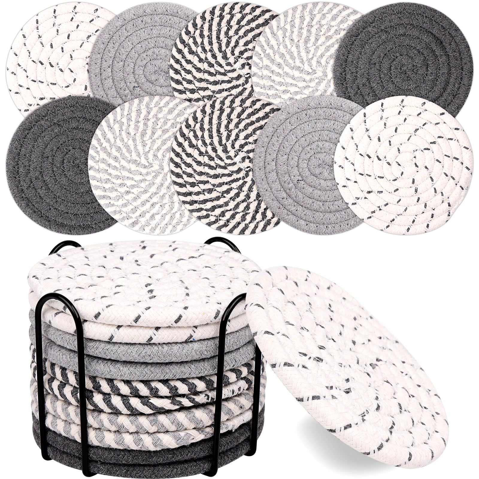 ドリンクコースター ホルダー付き 10枚 5色 吸水性コースター ミニマリスト ボーホーコースター コットン織り コースター セット ホームデコレーション 卓上保護 カップの種類に適しています